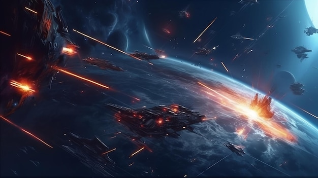 Cinematic Still, intense space battle between two massive battleships,  starry sky, nebulae, galaxies, HDR futuristic space battleship destroyers  traveling through an asteroid field, generate ai 24366176 Stock Photo at  Vecteezy