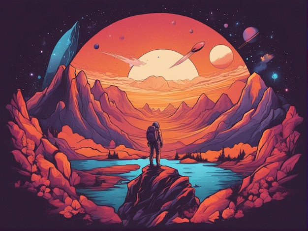 A planet background with space and astronaut T shirt design