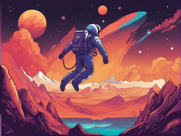 Фон планеты с дизайном футболки космоса и космонавта