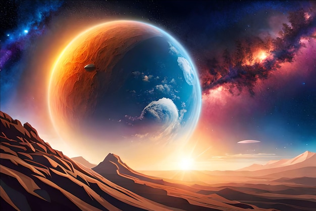 Photo a planet in the desert with a sunset and a blue sky