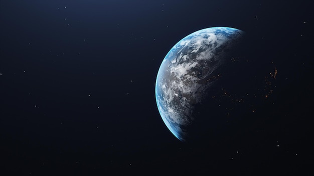 Planet Earth 3d render, halve nacht en halve dag met stadslichten.