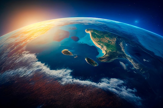 Планета Земля на фоне космоса во время восхода солнца Генеративный ИИ