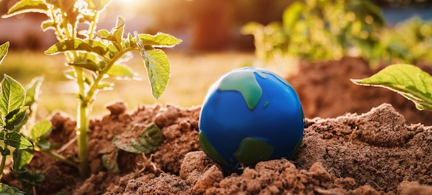 Planet earth ball on soil with plants and sunlight environment earth day concept