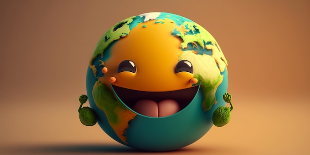 Planet earth character with smiley face 3D Rendered illustration