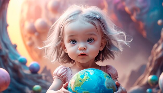 Planet Earth in the childrens hands of a beautiful touching baby