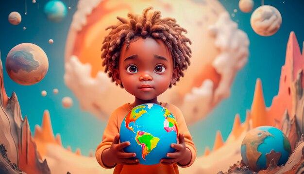 Planet earth in the childrens hands of a beautiful touching baby