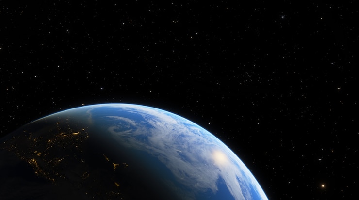 Photo 惑星地球は宇宙からの日没を夜明けします。宇宙の星や銀河の3dレンダリングを背景に太陽の光線で惑星地球をシルエット