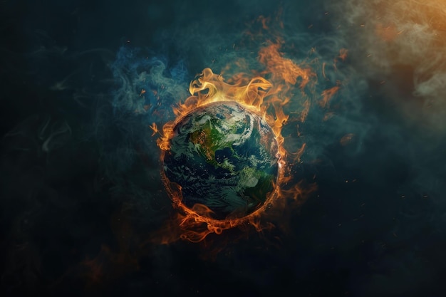 planet earth engulfed in flames surrounded by dark swirling smoke and light symbolizing climate change and environmental threats