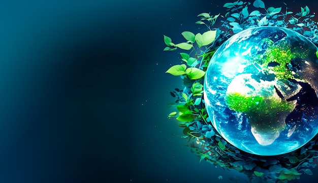 Planet Earth engulfed in green leaves on cosmic space gradient background with copy space