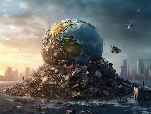 planet earth filled with trash and garbage plastics and pollutions ai generated