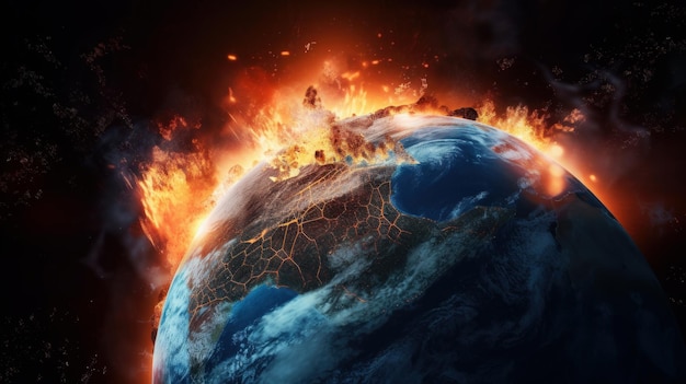 Planet Earth in fire Global warming concept Illustration AI Generative