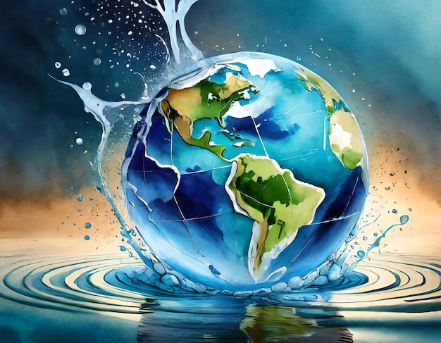 スプラッシュのある透明な水の中に地球の形をした地球