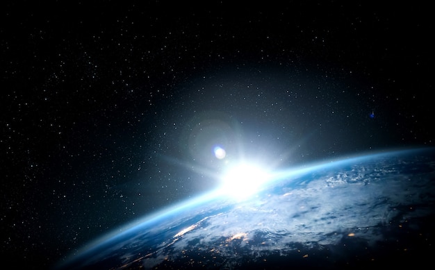 地球の地面と世界地図を現実的に示す宇宙からの地球球の景色