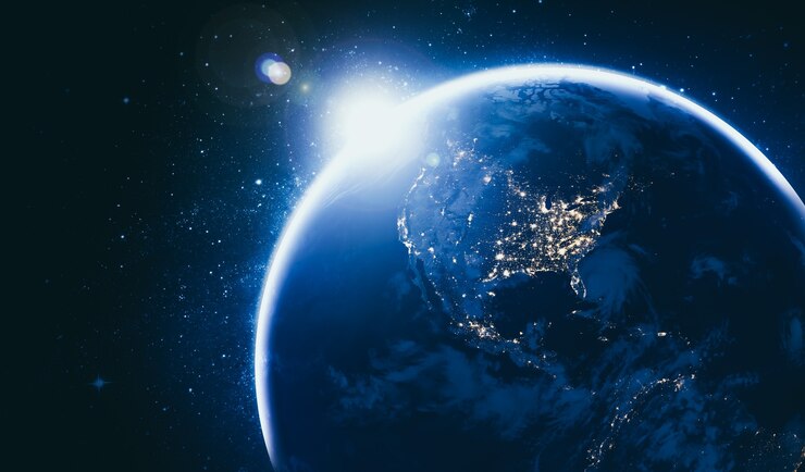 Photo 現実的な地球の表面と世界地図を示す宇宙からの惑星地球地球の眺め