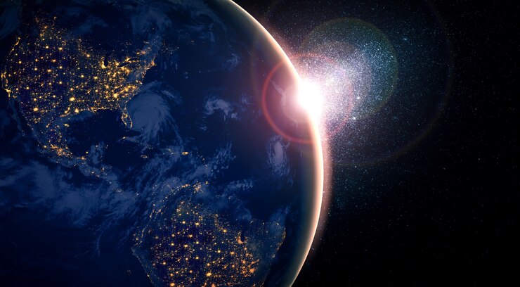 Photo 現実的な地球の表面と世界地図を示す宇宙からの惑星地球地球の眺め