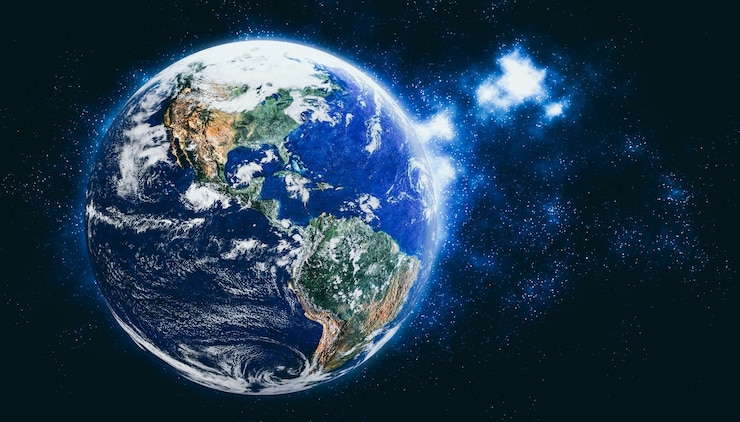 Photo 現実的な地球の表面と世界地図を示す宇宙からの惑星地球地球の眺め