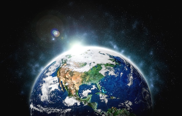 현실적인 지구 표면과 세계지도를 보여주는 우주에서 행성 지구 글로브보기