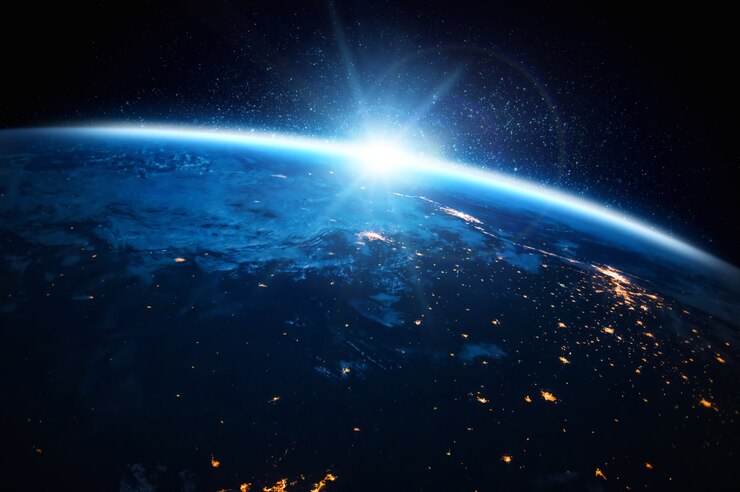 Photo planet earth globe view from space showing realistic earth surface and world map