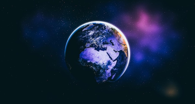 현실적인 지구 표면과 세계 지도를 보여주는 우주에서 행성 지구 지구 보기