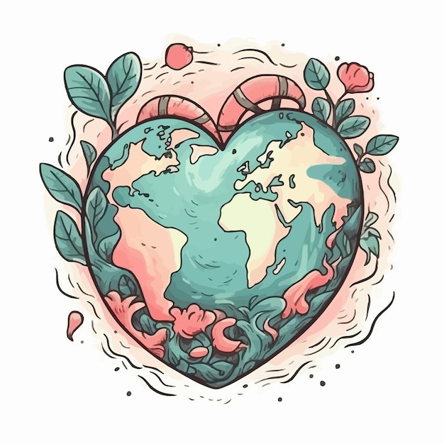 Photo planet earth in a heart shape with flowers and leaves.