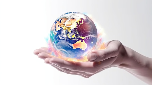 Planet earth held in hands photo realistic illustration