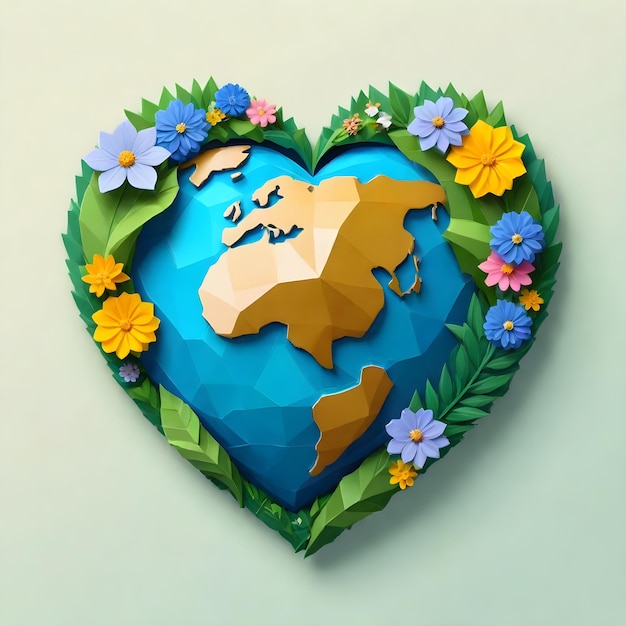 Photo planet earth illustration in heart shape with flowers low poly