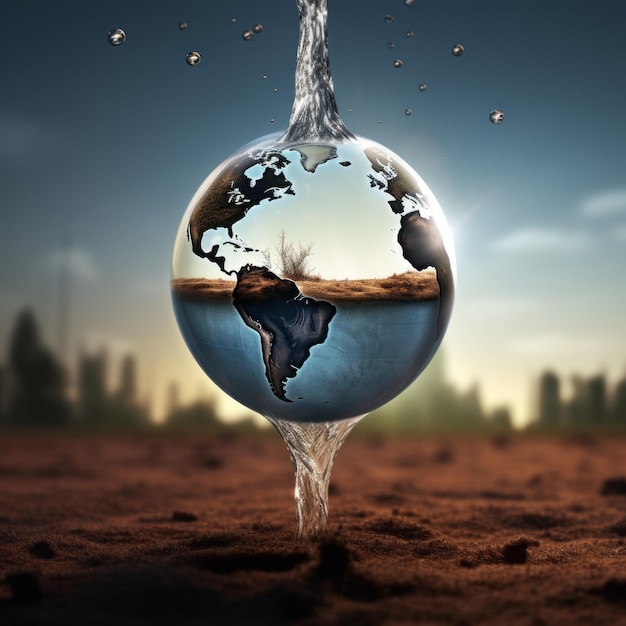 Foto il pianeta terra all'interno di una goccia d'acqua che goccia da un rubinetto in un asciugato