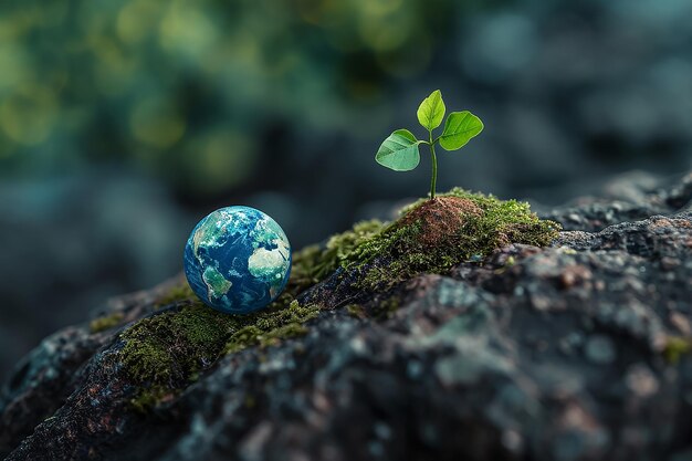 Photo a planet earth is on a rock with a plant growing out of it