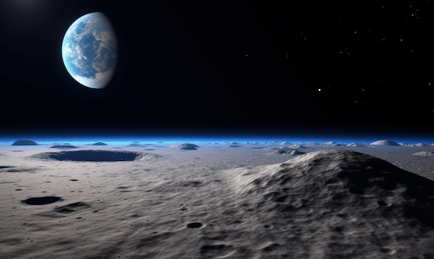 A planet earth is seen from the moon's surface.