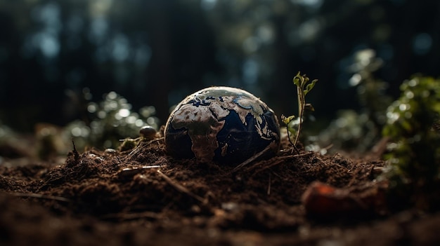 Foto il pianeta terra giace nella terra con una piccola pianta che cresce da esso.