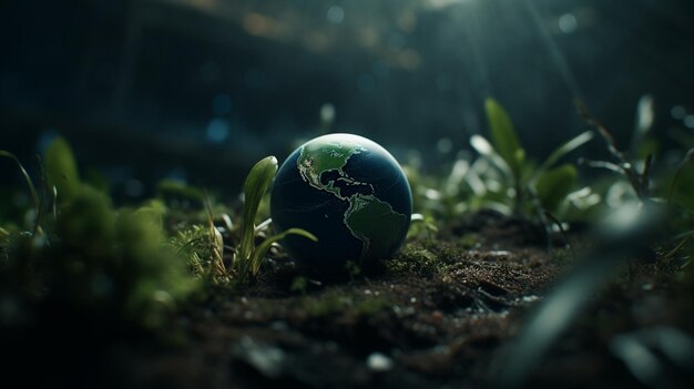 A planet earth lies on the ground in a dark environment.