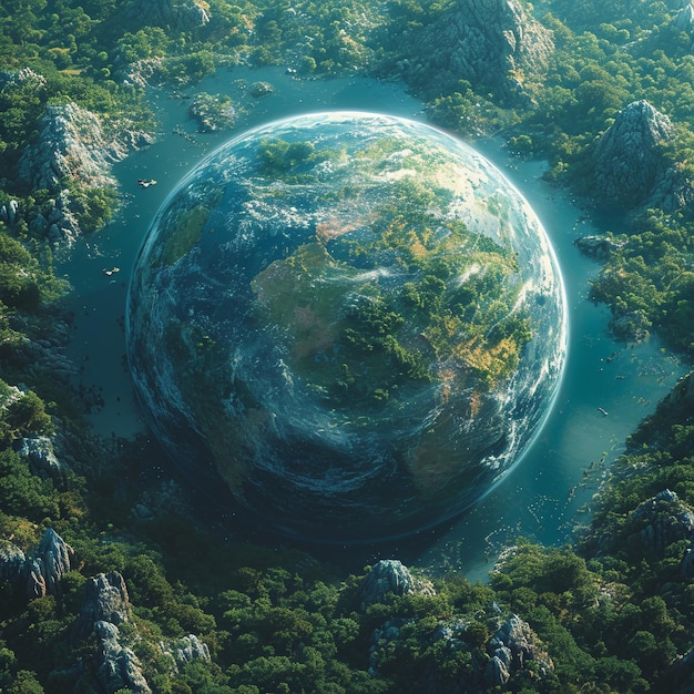 Planet earth in the middle of the forest 3d render