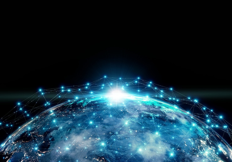 Photo planet earth at night surrounded with network connection.