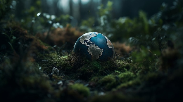 A planet earth sits in the forest with the words earth on it