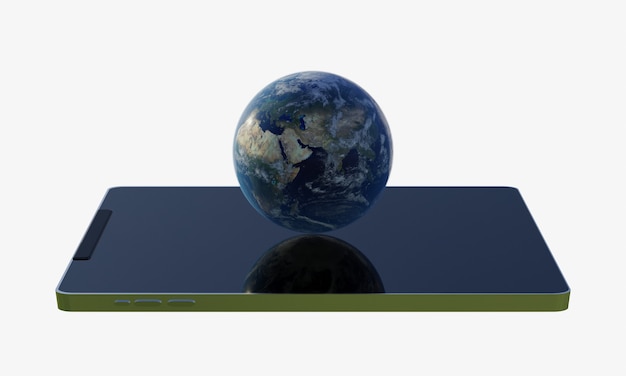 Planet earth above smartphone. 3D rendering illustration.