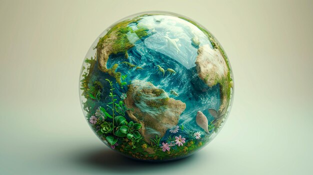 写真 白い背景の地球デーコンセプトの植物と花の惑星地球球