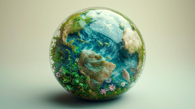 Planet Earth sphere with plants and flowers Earth Day concept on white background