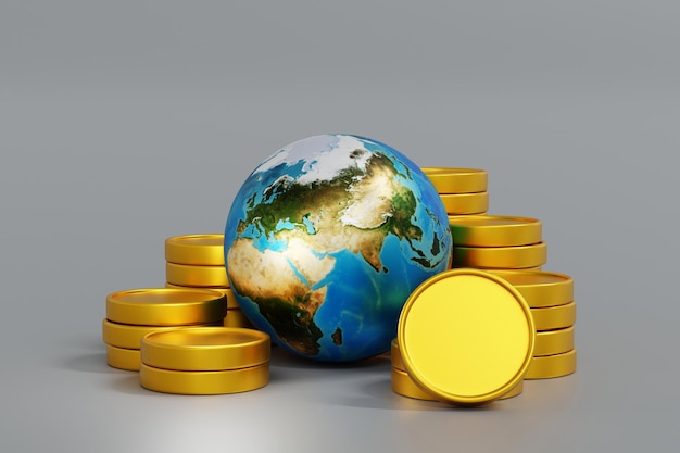 Photo planet earth and stack of gold coin concept of world global business market worldwide 3d rendering