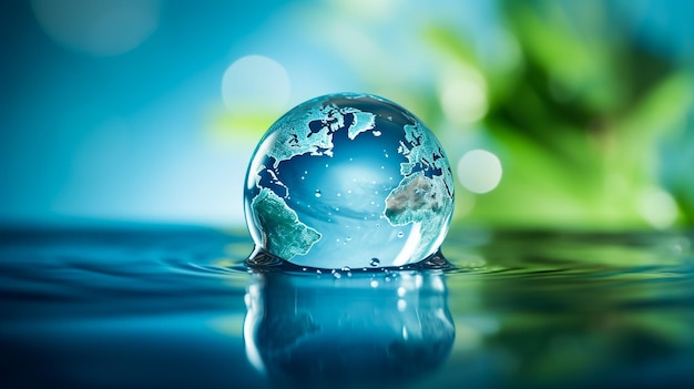 Planet earth submerged and floating in water concept 3d illustration of global warming and rising s
