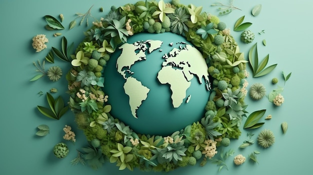 Planet earth surrounded by green leaves and flowers 3d illustration