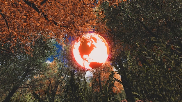 Planet earth suspended in a virtual forest with a neon effect\
3d render