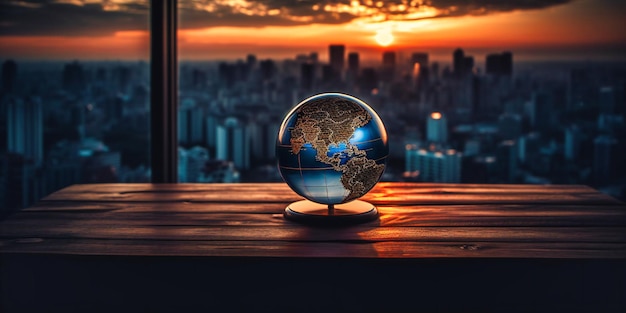 planet earth on the table at sunset with city