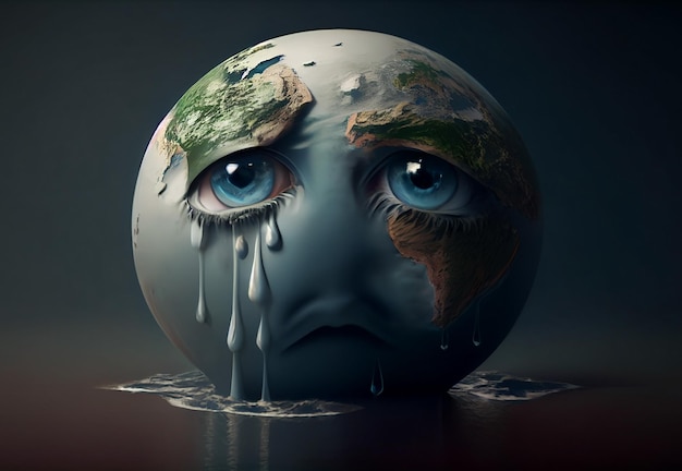 Foto il pianeta terra in lacrime piange disperato su uno sfondo nero, crisi ambientale, intelligenza artificiale generativa