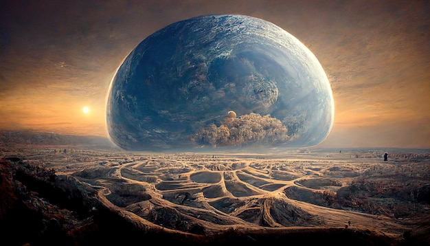 Planet Earth-type, exo-planet in outer space, alien planet in far space. fantasy landscape, galaxy.