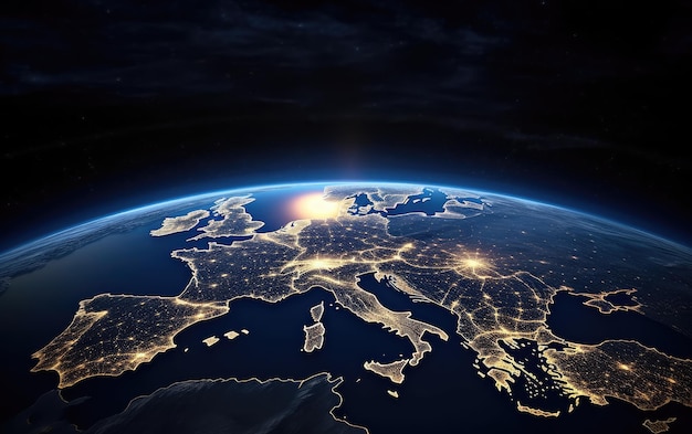 Planet Earth viewed from space with city lights in Europe World with sunrise Generative AI