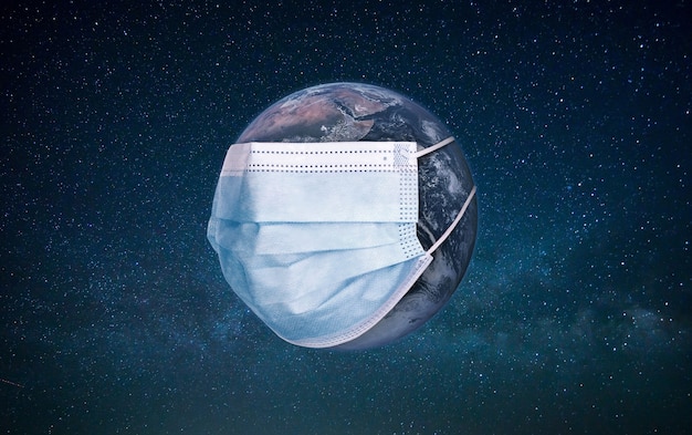 Planet earth wearing a protection medical mask.