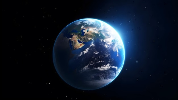 A planet earth with a blue sky and stars in the background