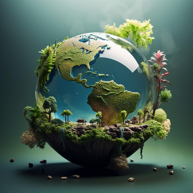 Photo planet earth with buildings and birds on green background ecology concept