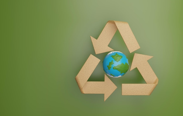 Planet earth with cardboard recycling arrows on green background