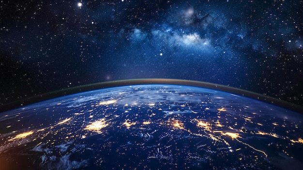 a planet earth with the city lights on the left and the earth visible in the backgroundBeautiful vi